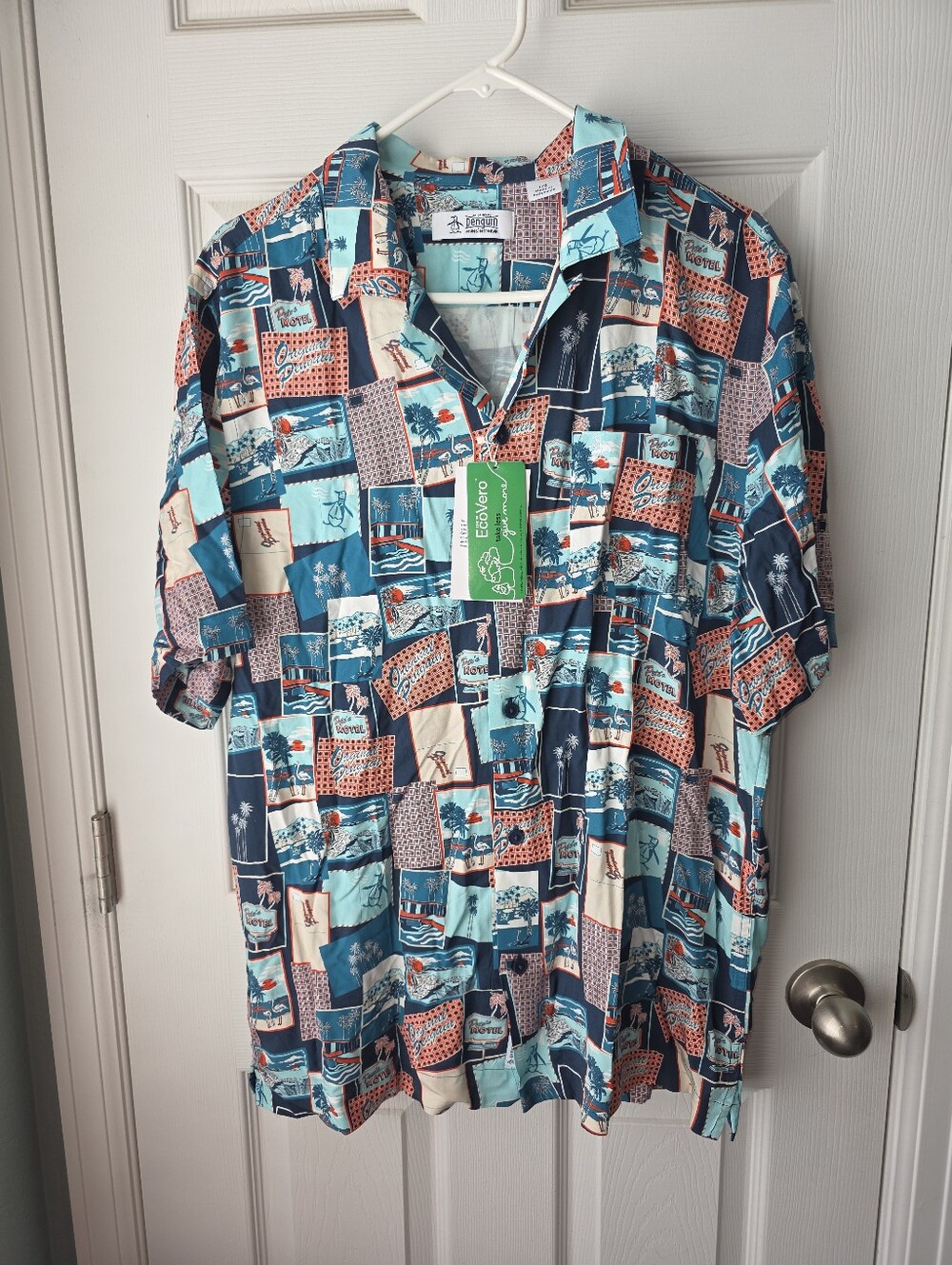 NWT Mens Original Penguin All Over Print Postcard Camp Short Sleeve W/Pocket SZL